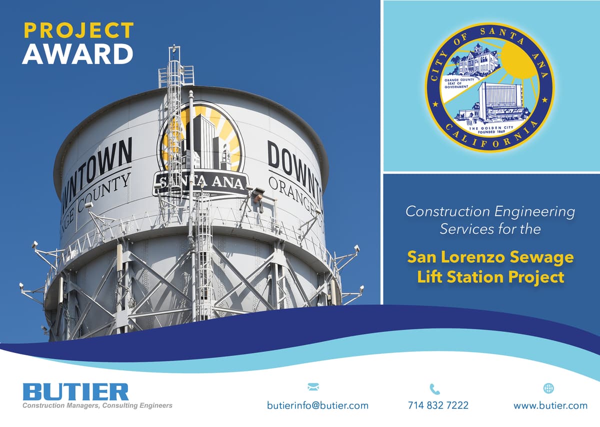 Butier to Provide Construction Engineering Services for City of Santa Ana's San Lorenzo Sewage Lift Station
