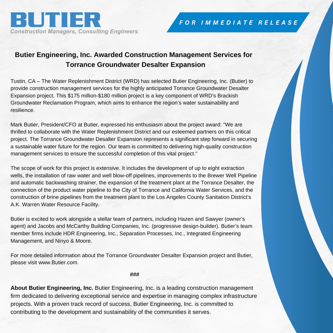 Butier Awarded CM Services Contract for WRD's Torrance Groundwater Desalter Expansion