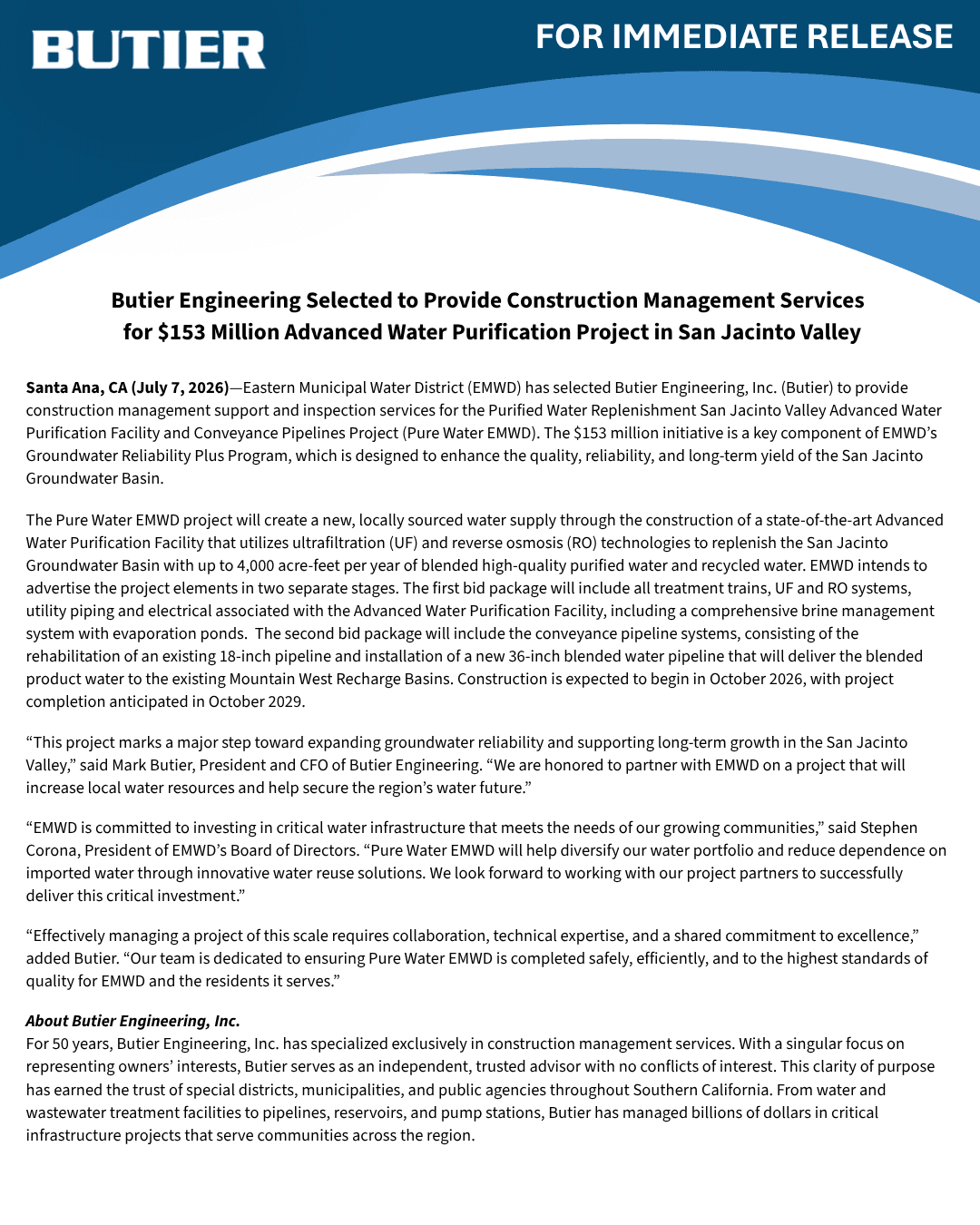 EMWD Selects Butier to Provide CM Services for $153 Million Advanced Water Purification Project